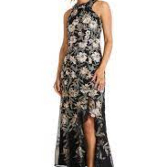 Maggy London Nissa embroidered black mesh gold halter dress gown size 10 - Picture 6 of 9